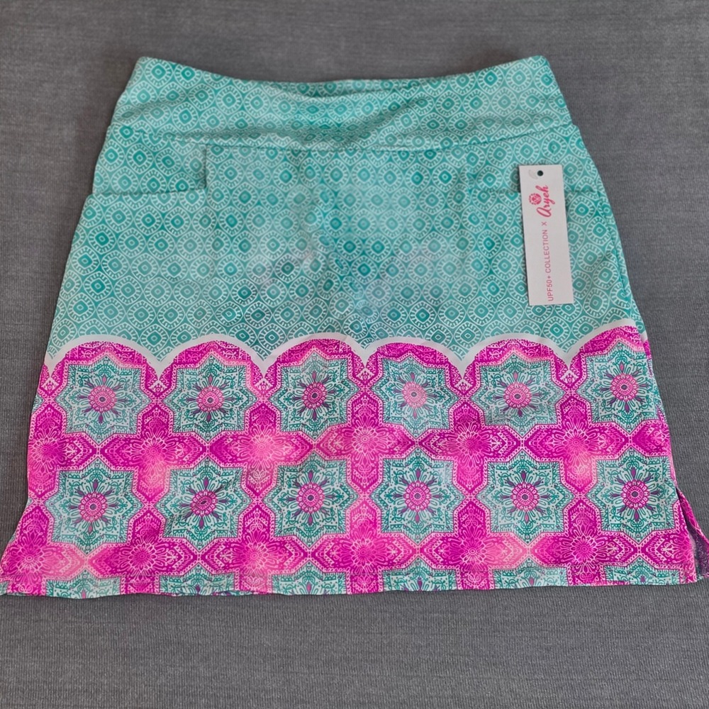 Aryeh Women UPF50+ Geometric Medallion Print Active Skort Teal Pink Small Golf